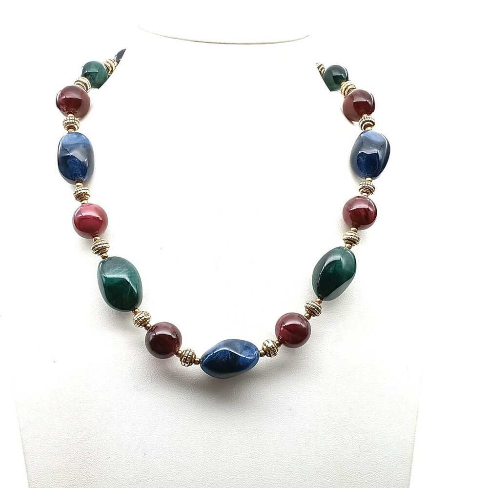 Vintage Multicolor Beaded Necklace With Gold-Toned Accents & Chunky Resin Beads